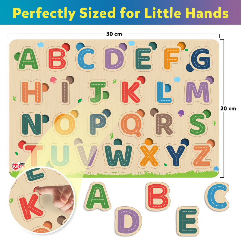 Little Berry My First Wooden Puzzle Tray (Set of 3): ABC, Numbers & Shapes - Knob and Peg Puzzle Multicolour - 36 Pegs