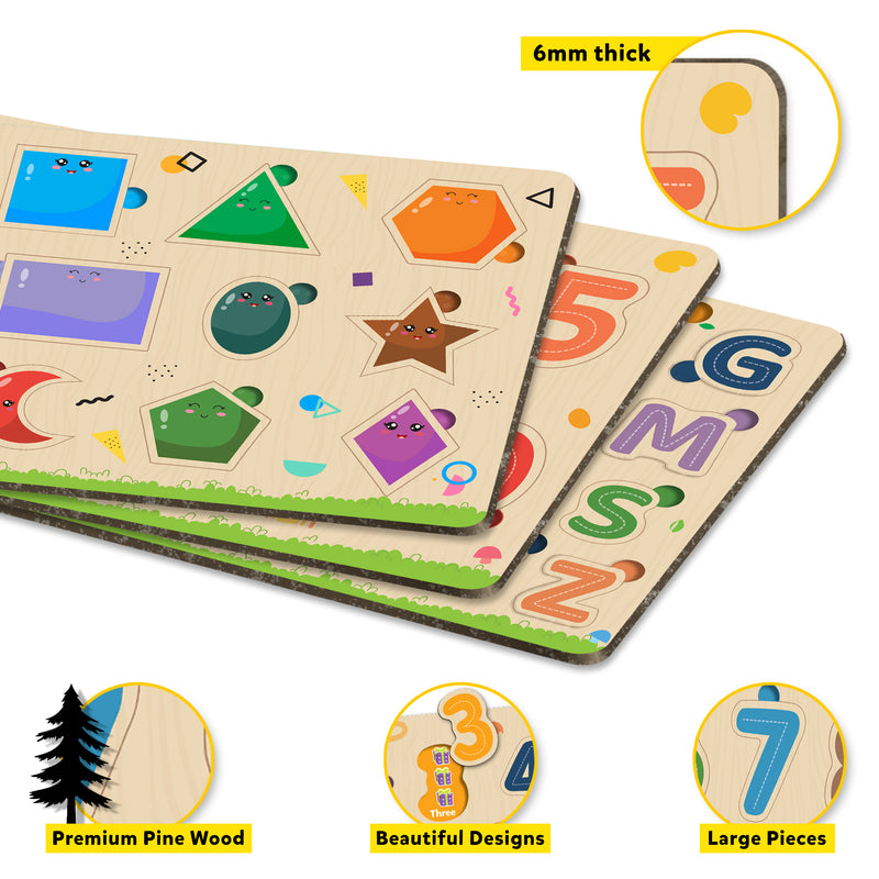 Little Berry My First Wooden Puzzle Tray (Set of 3): ABC, Numbers & Shapes - Knob and Peg Puzzle Multicolour - 36 Pegs