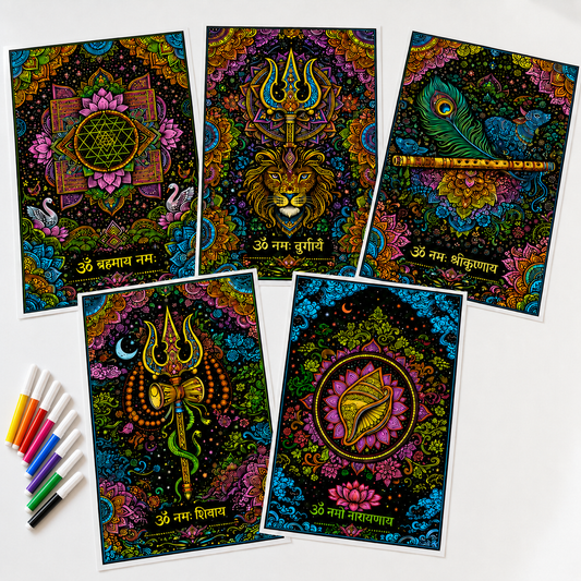Five colorful mandala art cards featuring Hindu deities and spiritual symbols, arranged on a white surface with a set of colored markers on the left.