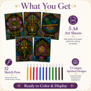 Sacred Mandala Poster Coloring Kit | 5 High-Quality Art Sheets | Indian Peaceful Activity for Mindfulness, Gifting, Kids, Adults, Teen, Women