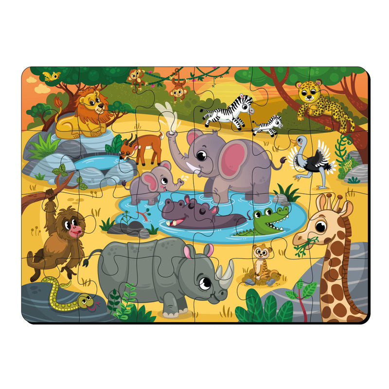 Mini Leaves Wild Safari Animals 24 Pieces Wooden Jigsaw Floor Puzzle with Wooden Box