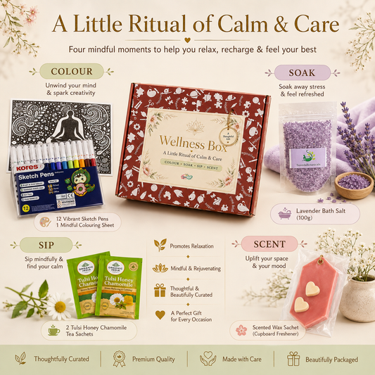 Wellness Gift Box for Women & Men | Self Care Hamper with 3 Meditative Colouring Sheets, 12 Sketch Pens, Lavender Bath Salt, Wax Sachet & Herbal Tea | Corporate, Birthday, Rakhi & Festive Gift