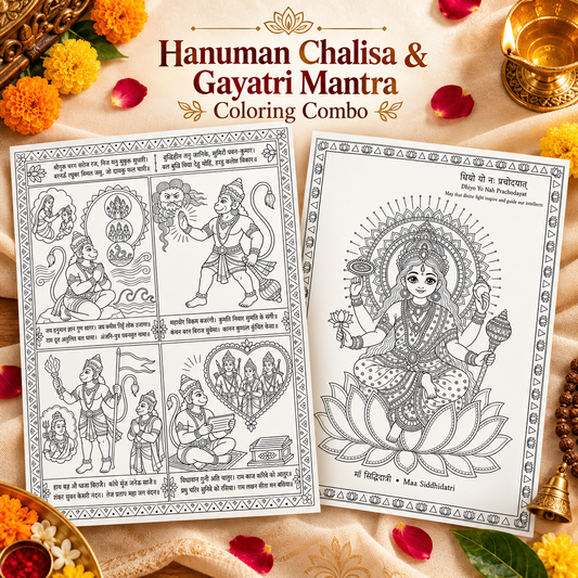 Hanuman Chalisa & Gayatri Mantra Coloring Combo - 10 Coloring Sheets with Mantras