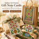 Decorative Indian art form gift note cards shown with wrapped gift boxes, a kraft gift bag, ribbons, and stationery props on a light neutral surface. Text at the top reads 'Indian Art Forms Gift Note Cards' with feature callouts.
