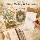 A styled flat-lay showing two illustrated greeting cards, a white card with handwritten text, pens, an envelope, and a notebook on a cream background with floral props. Text overlays read 'Great for Gifting, Mailing & Journaling' and call out features like 'Color on One Side' and 'Write on the Other.