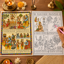 A hand holds a pink pen over a printed Devanagari-script coloring book page showing traditional Indian illustrations, alongside the corresponding black-and-white line art version. The scene is styled on a wooden surface with brass lamps, flowers, and decorative props.