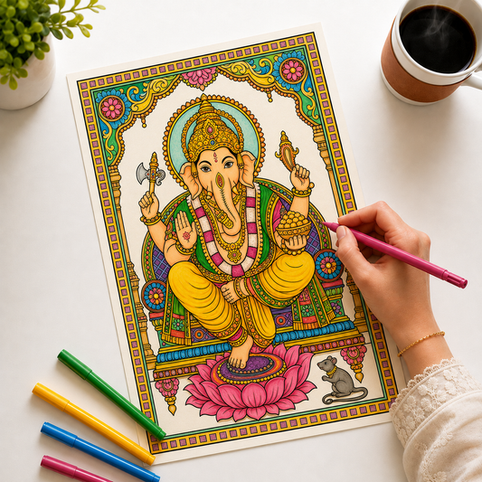 Bharat Kala Indian Art Forms Poster Coloring Kit | 5 Traditional Art A4 Sheets – Kalamkari Saraswati, Kalighat Durga, Pattachitra Jagannath, Tanjore Ganesha & Madhubani Radha Krishna | For Adults, Teens & Kids