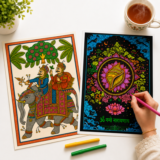 10 Poster Mega Art Combo | 2 Themes in 1 : Indian Art Forms & Sacred Neon Mandala Kit | High-Quality Art Sheets, Coloring pens | Perfect for Gifting Adults, Kids, Teens