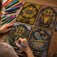 Person coloring intricate designs on mandalas with colored pencils on a wooden table.