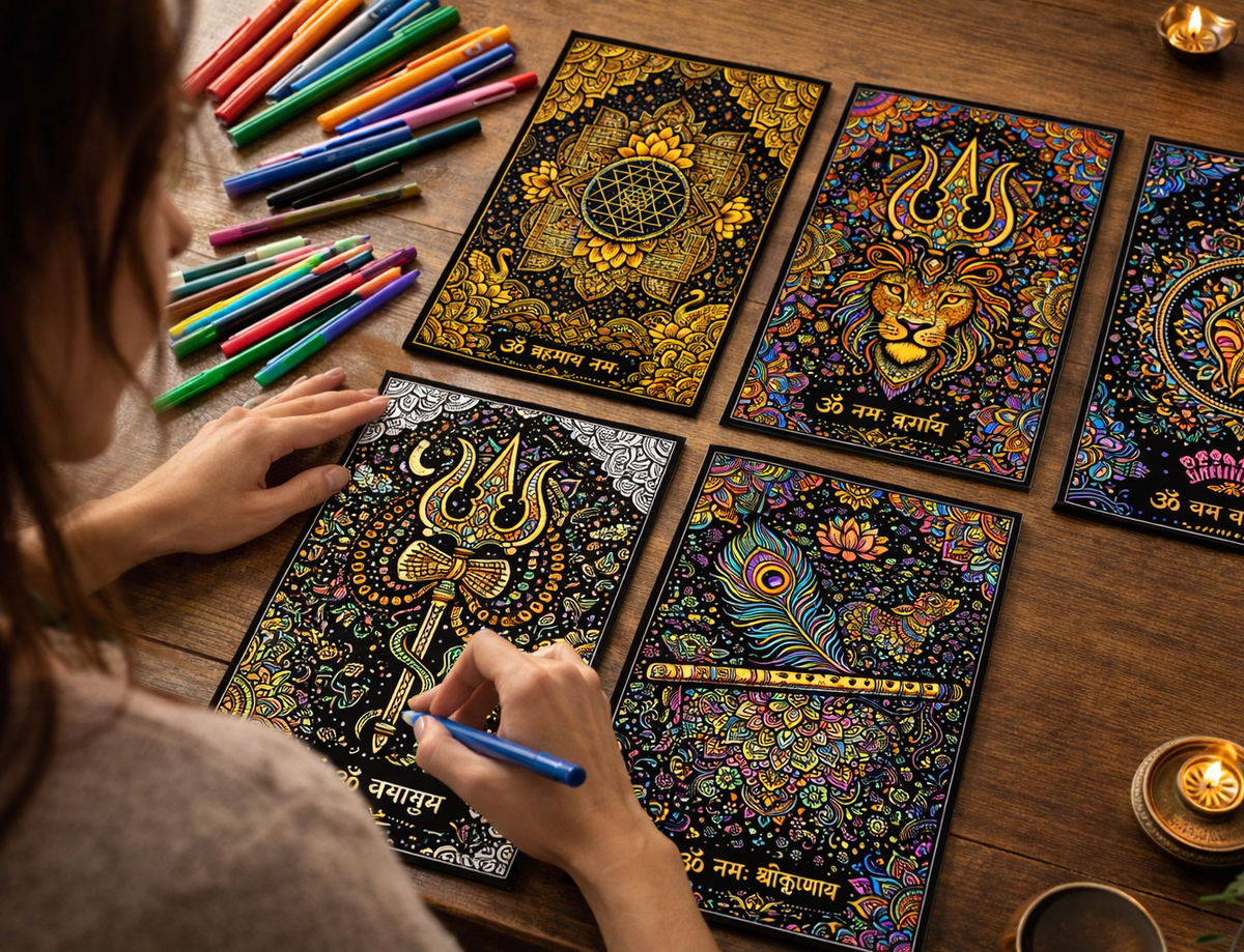 Person coloring intricate designs on mandalas with colored pencils on a wooden table.