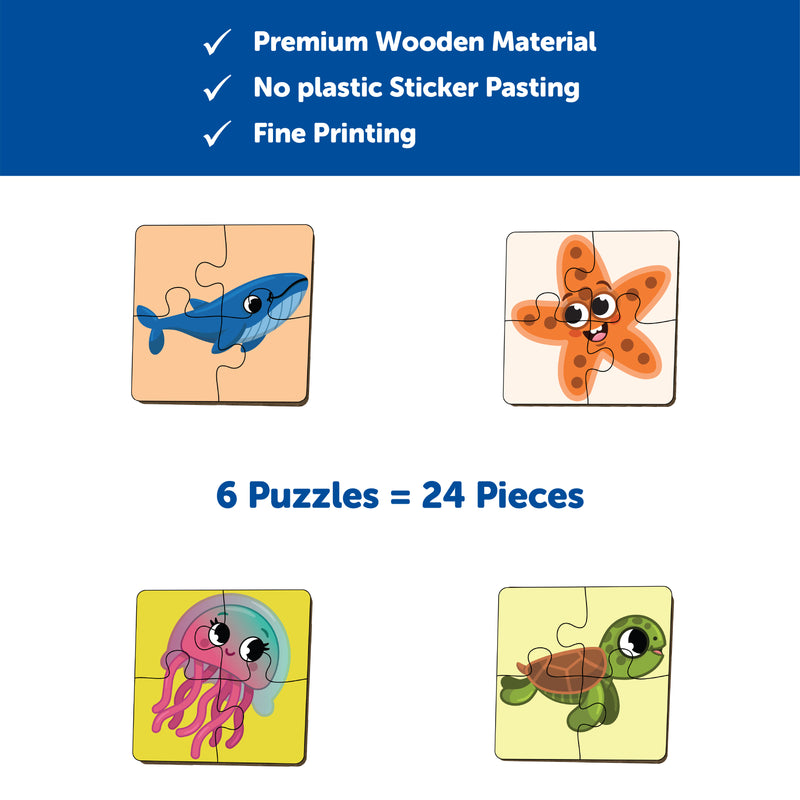 Mini Leaves 4 Piece Sea Animals Wooden Puzzle for Kids - Set of 6