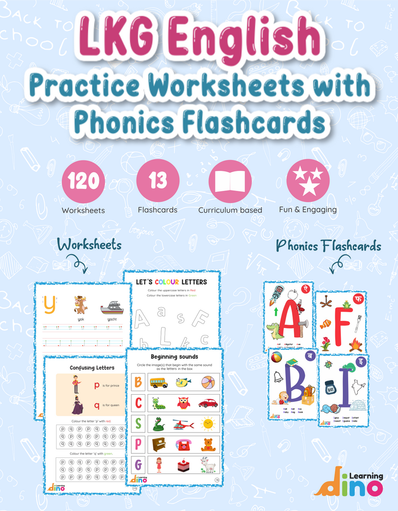 Learning Dino LKG English Practice Worksheets with Phonics Flashcards