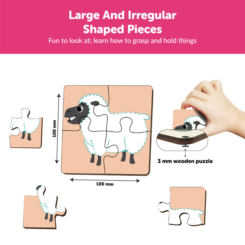 Mini Leaves 4 Piece Farm Animals Wooden Puzzle for Kids - Set of 6