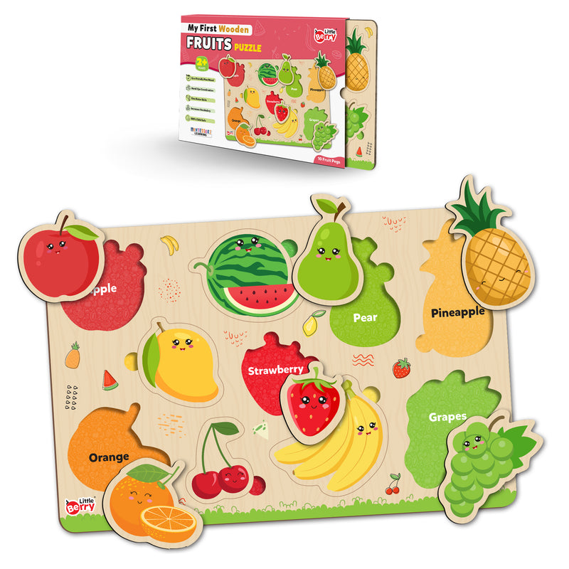 Little Berry Fruits Wooden Puzzle Tray - Knob and Peg Puzzle Multicolour - 26 Pegs