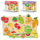 Little Berry My First Wooden Puzzle Tray (Set of 2): Fruits & Vegetables  - Knob and Peg Puzzle Multicolour - 36 Pegs