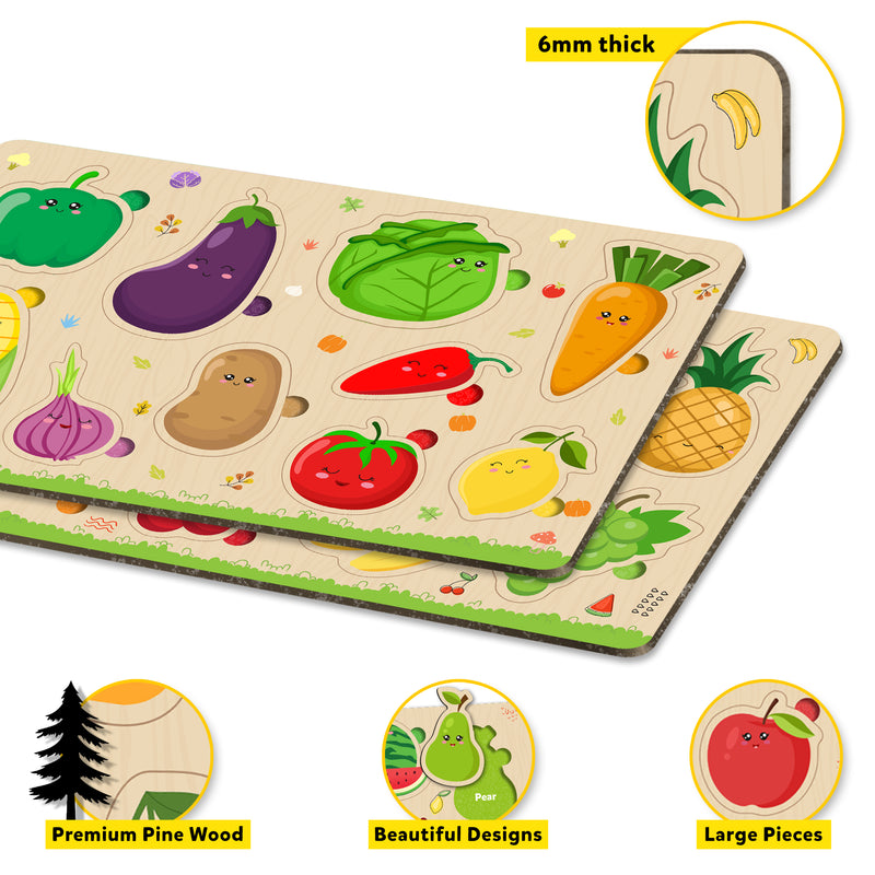Little Berry My First Wooden Puzzle Tray (Set of 2): Fruits & Vegetables  - Knob and Peg Puzzle Multicolour - 36 Pegs