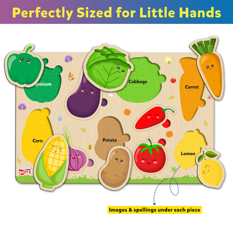 Little Berry My First Wooden Puzzle Tray (Set of 2): Fruits & Vegetables  - Knob and Peg Puzzle Multicolour - 36 Pegs