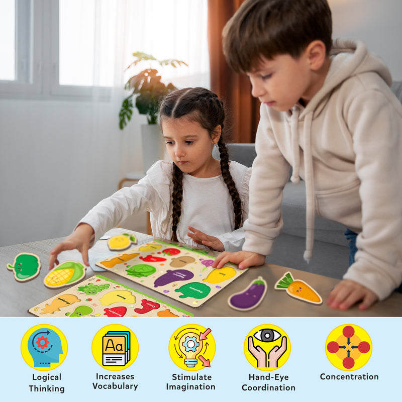 Little Berry My First Wooden Puzzle Tray (Set of 2): Fruits & Vegetables  - Knob and Peg Puzzle Multicolour - 36 Pegs