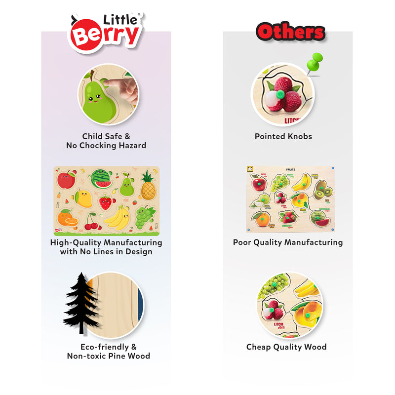 Little Berry My First Wooden Puzzle Tray (Set of 2): Fruits & Vegetables  - Knob and Peg Puzzle Multicolour - 36 Pegs