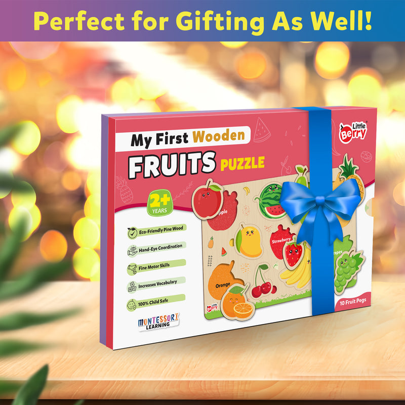Little Berry My First Wooden Puzzle Tray (Set of 2): Fruits & Vegetables  - Knob and Peg Puzzle Multicolour - 36 Pegs