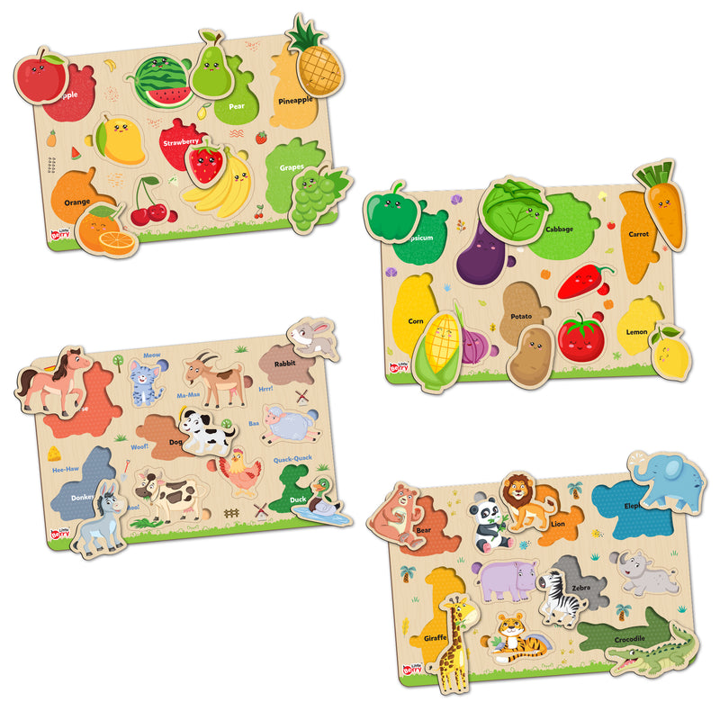 Little Berry My First Wooden Puzzle Tray (Set of 4): Fruits, Vegetables, Jungle Animals, Farm Animals - Knob and Peg Puzzle Multicolour - 36 Pegs