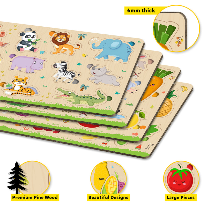Little Berry My First Wooden Puzzle Tray (Set of 4): Fruits, Vegetables, Jungle Animals, Farm Animals - Knob and Peg Puzzle Multicolour - 36 Pegs