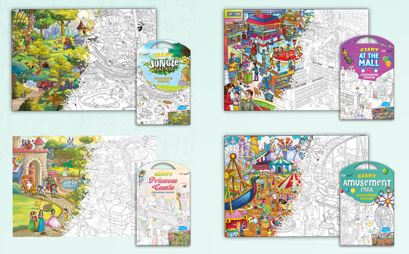 GIANT JUNGLE SAFARI COLOURING POSTER, GIANT AT THE MALL COLOURING POSTER, GIANT PRINCESS CASTLE COLOURING POSTER and GIANT AMUSEMENT PARK COLOURING POSTER | Combo of 4 Posters I Giant Coloring Posters Deluxe Pack