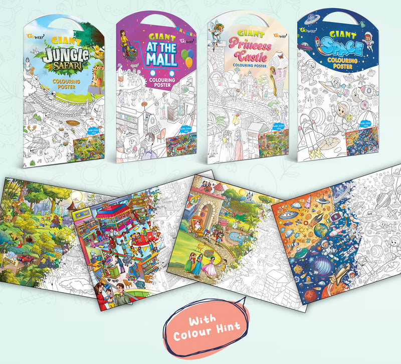 GIANT JUNGLE SAFARI COLOURING POSTER, GIANT AT THE MALL COLOURING POSTER, GIANT PRINCESS CASTLE COLOURING POSTER and GIANT SPACE COLOURING POSTER | Set of 4 Posters I Giant Coloring Posters Gift Set