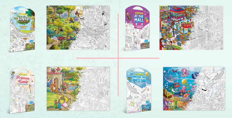 GIANT JUNGLE SAFARI COLOURING POSTER, GIANT AT THE MALL COLOURING POSTER, GIANT PRINCESS CASTLE COLOURING POSTER and GIANT UNDER THE OCEAN COLOURING POSTER | Pack of 4 Posters I Giant Coloring Posters Super Set