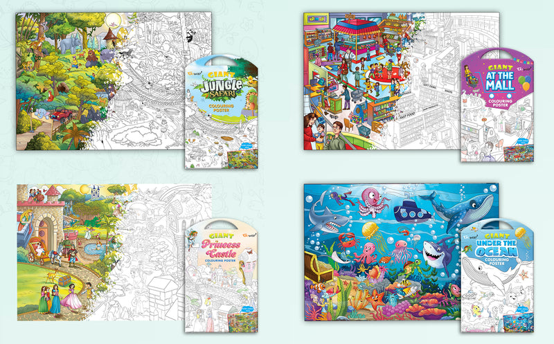 GIANT JUNGLE SAFARI COLOURING POSTER, GIANT AT THE MALL COLOURING POSTER, GIANT PRINCESS CASTLE COLOURING POSTER and GIANT UNDER THE OCEAN COLOURING POSTER | Pack of 4 Posters I Giant Coloring Posters Super Set