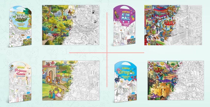 GIANT JUNGLE SAFARI COLOURING POSTER, GIANT AT THE MALL COLOURING POSTER, GIANT PRINCESS CASTLE COLOURING POSTER and GIANT DRAGON COLOURING POSTER | Gift Pack of 4 Posters I  Coloring Posters jumbo Pack