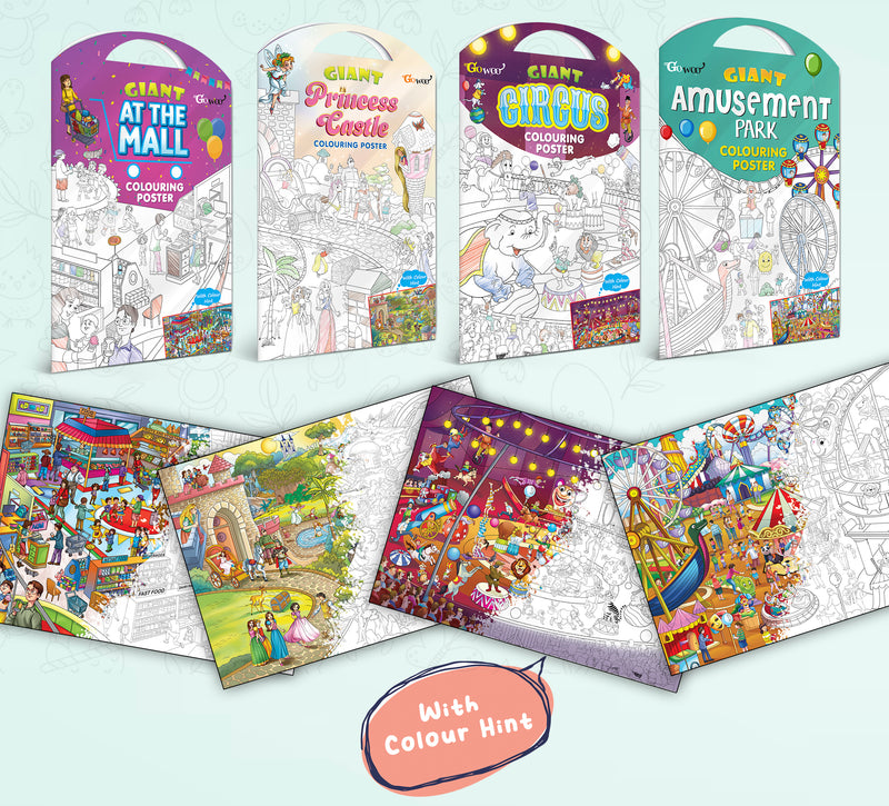 GIANT AT THE MALL COLOURING POSTER, GIANT PRINCESS CASTLE COLOURING POSTER, GIANT CIRCUS COLOURING POSTER and GIANT AMUSEMENT PARK COLOURING POSTER | Combo of 4 Posters I kids giant posters to color