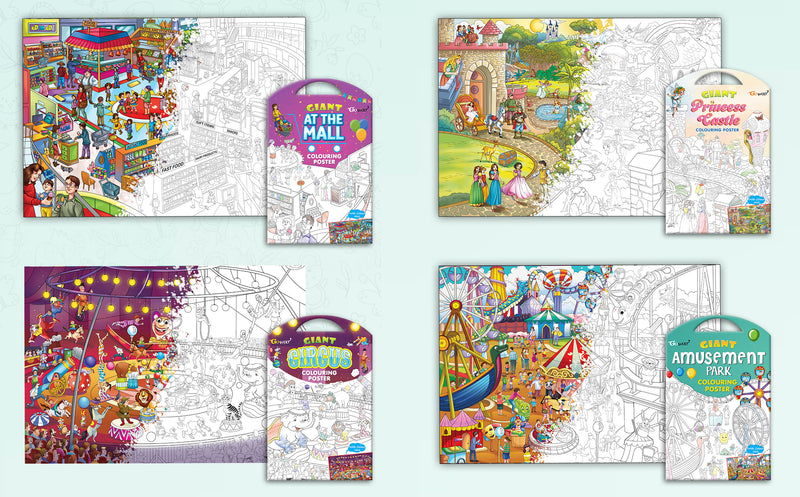 GIANT AT THE MALL COLOURING POSTER, GIANT PRINCESS CASTLE COLOURING POSTER, GIANT CIRCUS COLOURING POSTER and GIANT AMUSEMENT PARK COLOURING POSTER | Combo of 4 Posters I kids giant posters to color