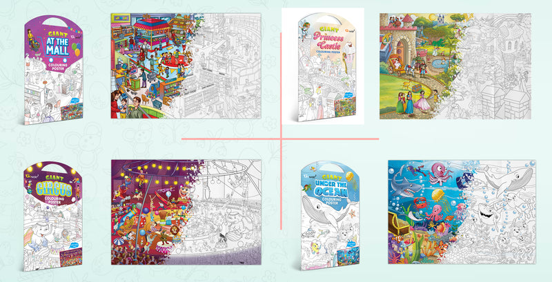 GIANT AT THE MALL COLOURING POSTER, GIANT PRINCESS CASTLE COLOURING POSTER, GIANT CIRCUS COLOURING POSTER and GIANT UNDER THE OCEAN COLOURING POSTER | Pack of 4 Posters I Ultimate Coloring Posters Collection