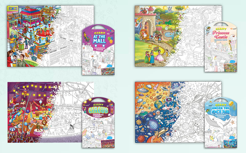 GIANT AT THE MALL COLOURING POSTER, GIANT PRINCESS CASTLE COLOURING POSTER, GIANT CIRCUS COLOURING POSTER and GIANT UNDER THE OCEAN COLOURING POSTER | Pack of 4 Posters I Ultimate Coloring Posters Collection