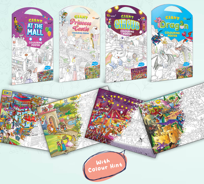 GIANT AT THE MALL COLOURING POSTER, GIANT PRINCESS CASTLE COLOURING POSTER, GIANT CIRCUS COLOURING POSTER and GIANT DRAGON COLOURING POSTER | Gift Pack of 4 Posters I perfect gift for children