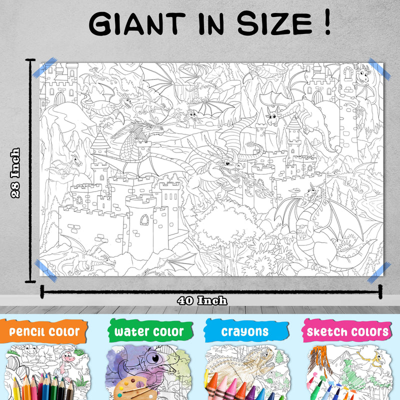 GIANT AT THE MALL COLOURING POSTER, GIANT PRINCESS CASTLE COLOURING POSTER, GIANT CIRCUS COLOURING POSTER and GIANT DRAGON COLOURING POSTER | Gift Pack of 4 Posters I perfect gift for children