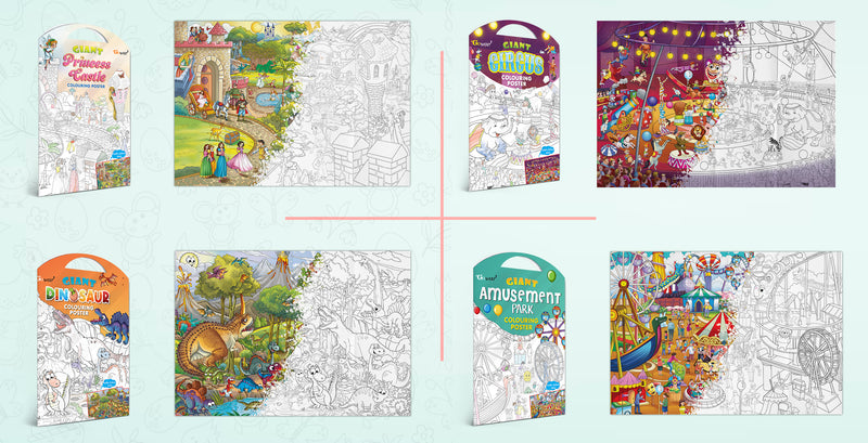 GIANT PRINCESS CASTLE COLOURING POSTER, GIANT CIRCUS COLOURING POSTER, GIANT DINOSAUR COLOURING POSTER and GIANT AMUSEMENT PARK COLOURING POSTER | Combo pack of 4 Posters I giant coloring posters for classroom