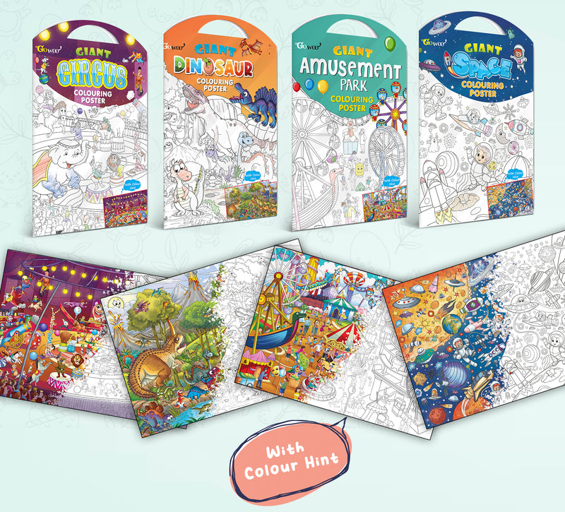 GIANT CIRCUS COLOURING POSTER, GIANT DINOSAUR COLOURING POSTER, GIANT AMUSEMENT PARK COLOURING POSTER and GIANT SPACE COLOURING POSTER | Combo pack of 4 Posters I large colouring posters for adults