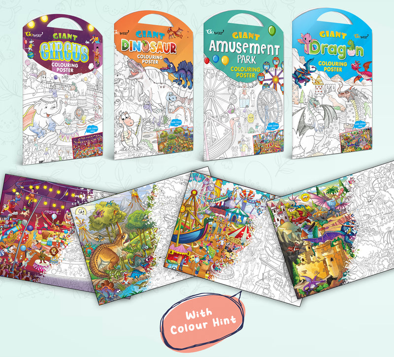 GIANT CIRCUS COLOURING POSTER, GIANT DINOSAUR COLOURING POSTER, GIANT AMUSEMENT PARK COLOURING POSTER and GIANT DRAGON COLOURING POSTER | Pack of 4 Posters I best colouring poster for 9+ years