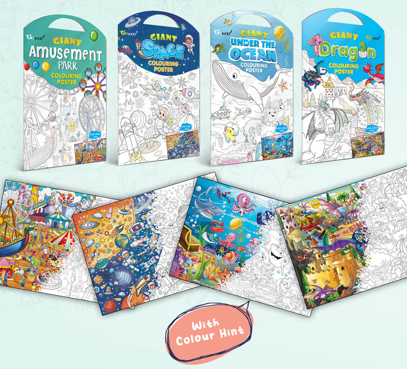 GIANT AMUSEMENT PARK COLOURING POSTER, GIANT SPACE COLOURING POSTER, GIANT UNDER THE OCEAN COLOURING POSTER and GIANT DRAGON COLOURING POSTER | Gift Pack of 4 Posters I best gift pack for siblings