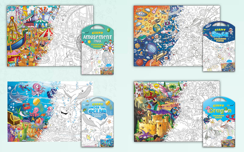 GIANT AMUSEMENT PARK COLOURING POSTER, GIANT SPACE COLOURING POSTER, GIANT UNDER THE OCEAN COLOURING POSTER and GIANT DRAGON COLOURING POSTER | Gift Pack of 4 Posters I best gift pack for siblings