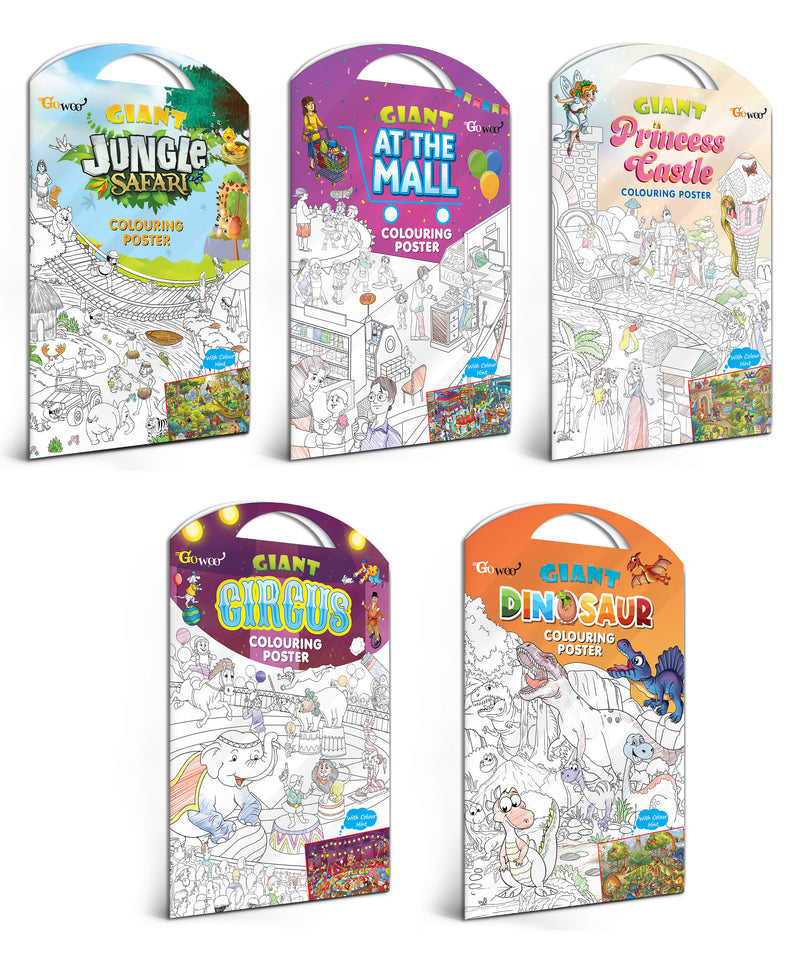 GIANT JUNGLE SAFARI COLOURING POSTER, GIANT AT THE MALL COLOURING POSTER, GIANT PRINCESS CASTLE COLOURING POSTER, GIANT CIRCUS COLOURING POSTER and GIANT DINOSAUR COLOURING POSTER | Set of 5 Posters I Giant Coloring Posters Super Value Pack