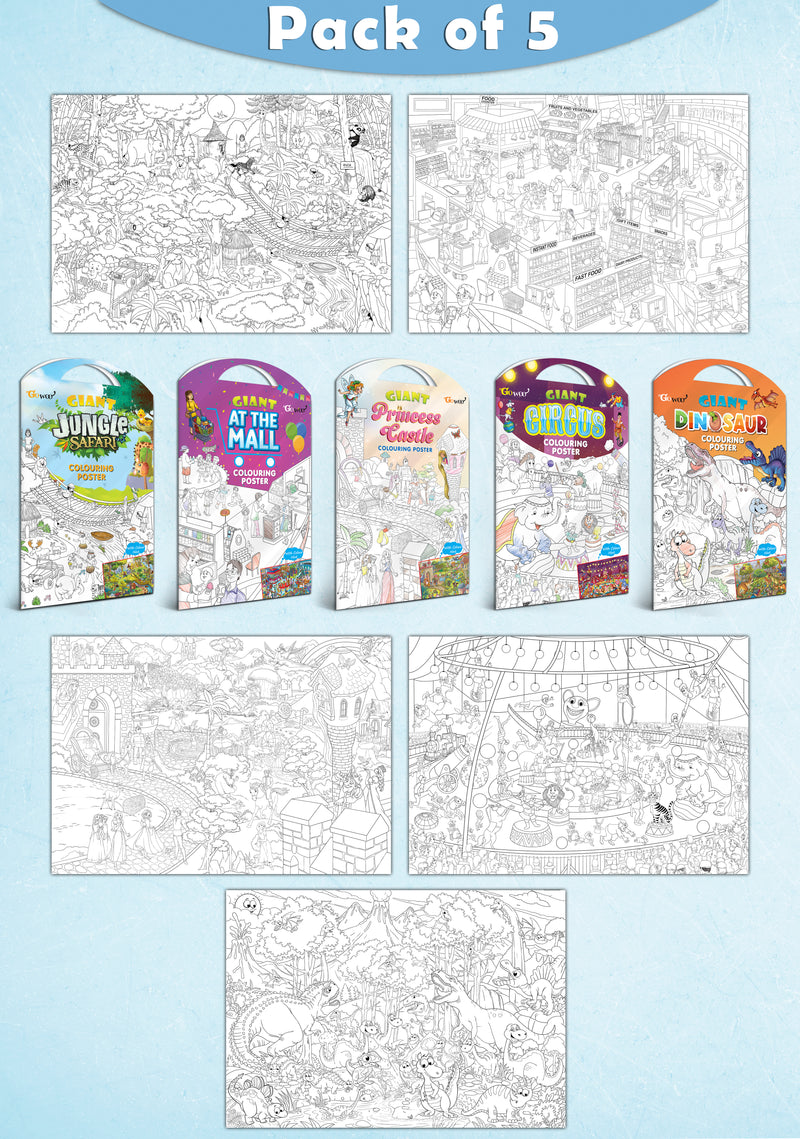 GIANT JUNGLE SAFARI COLOURING POSTER, GIANT AT THE MALL COLOURING POSTER, GIANT PRINCESS CASTLE COLOURING POSTER, GIANT CIRCUS COLOURING POSTER and GIANT DINOSAUR COLOURING POSTER | Set of 5 Posters I Giant Coloring Posters Super Value Pack