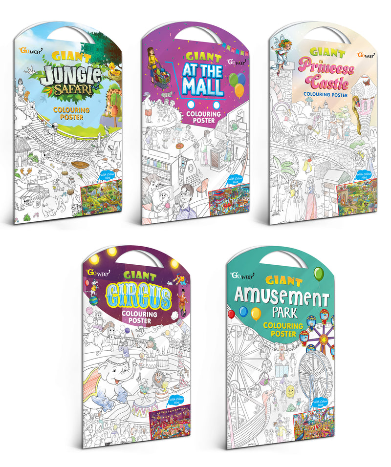 GIANT JUNGLE SAFARI COLOURING POSTER, GIANT AT THE MALL COLOURING POSTER, GIANT PRINCESS CASTLE COLOURING POSTER, GIANT CIRCUS COLOURING POSTER and GIANT AMUSEMENT PARK COLOURING POSTER | Pack of 5 Posters I kids activity colouring posters