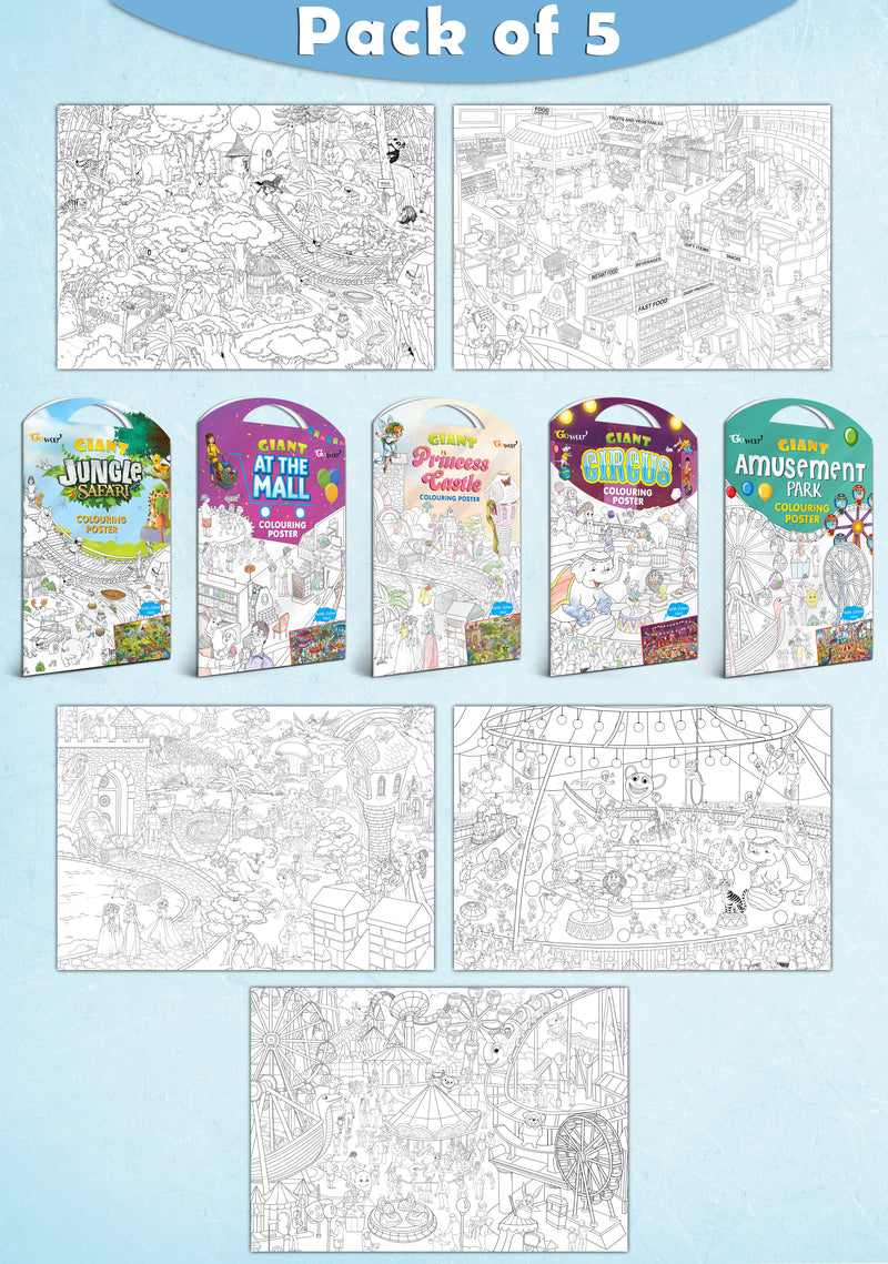 GIANT JUNGLE SAFARI COLOURING POSTER, GIANT AT THE MALL COLOURING POSTER, GIANT PRINCESS CASTLE COLOURING POSTER, GIANT CIRCUS COLOURING POSTER and GIANT AMUSEMENT PARK COLOURING POSTER | Pack of 5 Posters I kids activity colouring posters