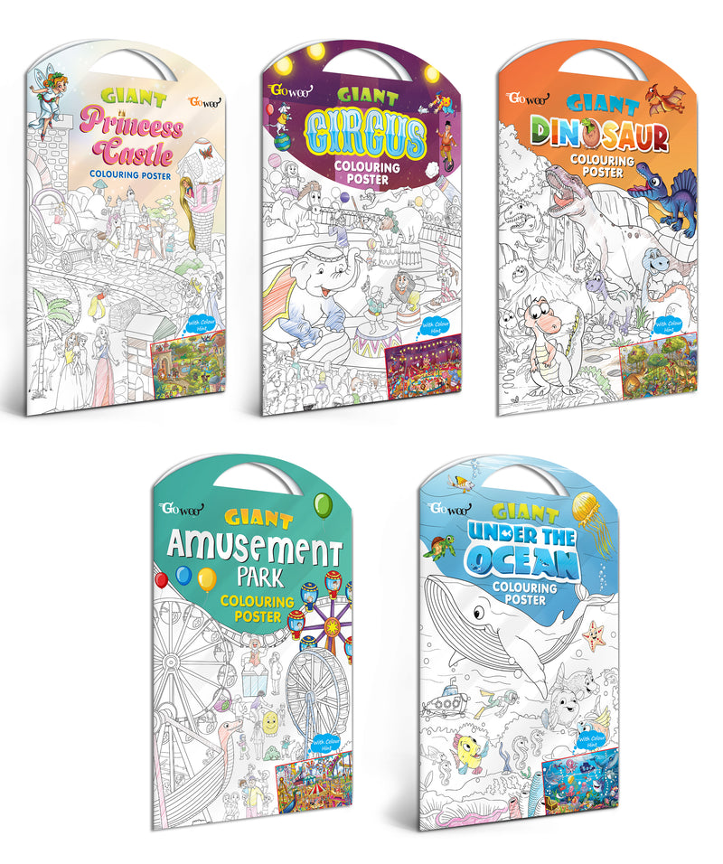 GIANT PRINCESS CASTLE COLOURING POSTER, GIANT CIRCUS COLOURING POSTER, GIANT DINOSAUR COLOURING POSTER, GIANT AMUSEMENT PARK COLOURING POSTER and GIANT UNDER THE OCEAN COLOURING POSTER | Pack of 5 Posters I best jumbo wall posters