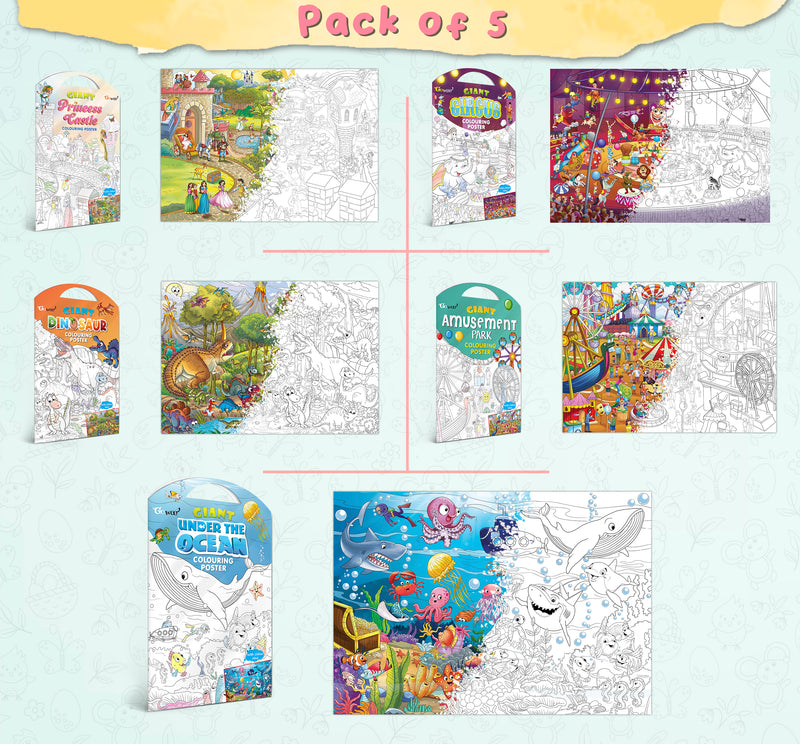 GIANT PRINCESS CASTLE COLOURING POSTER, GIANT CIRCUS COLOURING POSTER, GIANT DINOSAUR COLOURING POSTER, GIANT AMUSEMENT PARK COLOURING POSTER and GIANT UNDER THE OCEAN COLOURING POSTER | Pack of 5 Posters I best jumbo wall posters