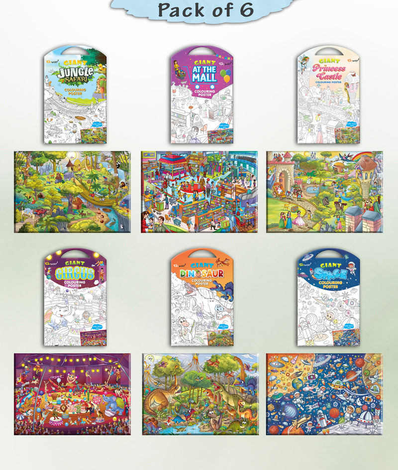 GIANT JUNGLE SAFARI COLOURING , GIANT AT THE MALL COLOURING , GIANT PRINCESS CASTLE COLOURING , GIANT CIRCUS COLOURING , GIANT DINOSAUR COLOURING  and GIANT SPACE COLOURING  | Gift Pack of 6 s I Coloring  holiday pack