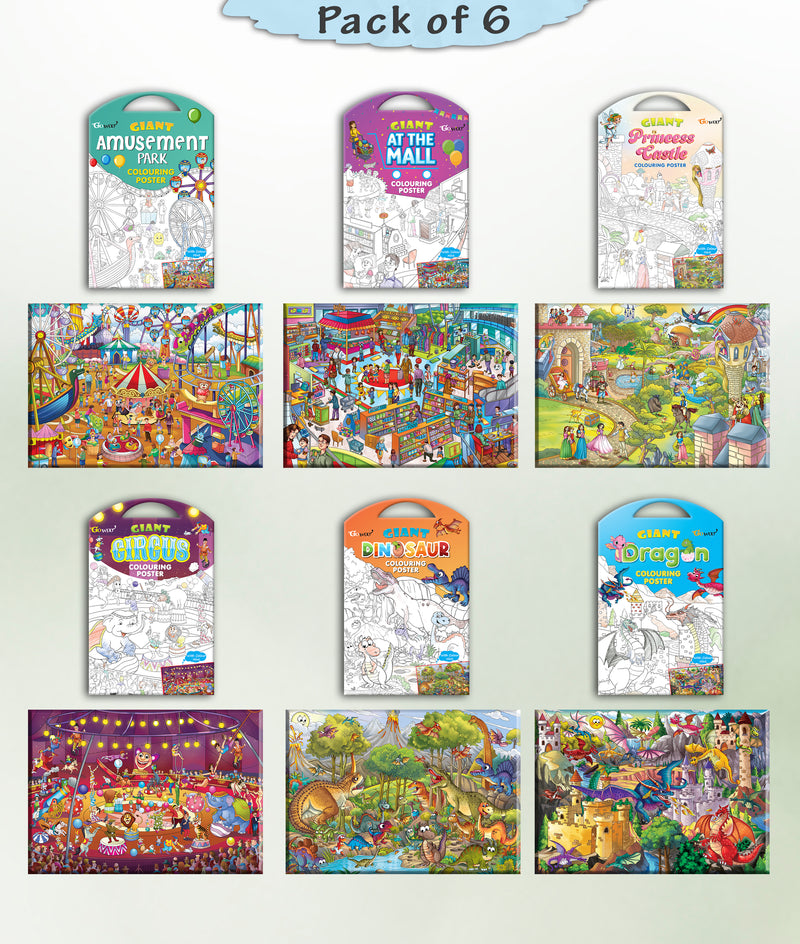 GIANT AT THE MALL COLOURING , GIANT PRINCESS CASTLE COLOURING , GIANT CIRCUS COLOURING , GIANT DINOSAUR COLOURING , GIANT AMUSEMENT PARK COLOURING  and GIANT DRAGON COLOURING  | Combo of 6 s I Coloring  gift set